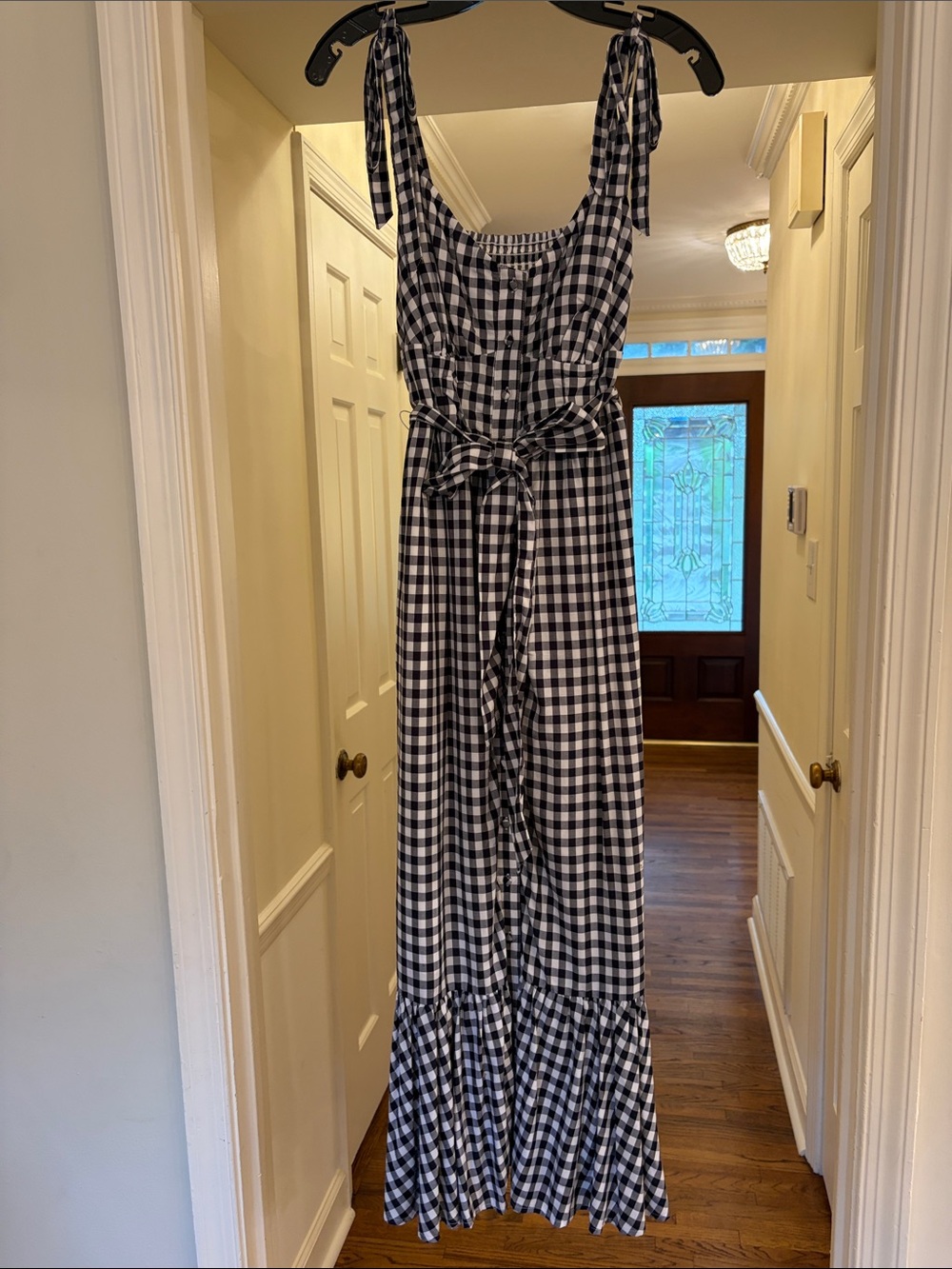 J. Crew Blue and White Gingham Tie-Shoulder Maxi Dress
